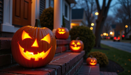 Obraz premium Halloween pumpkins glowing on a cozy porch at dusk 