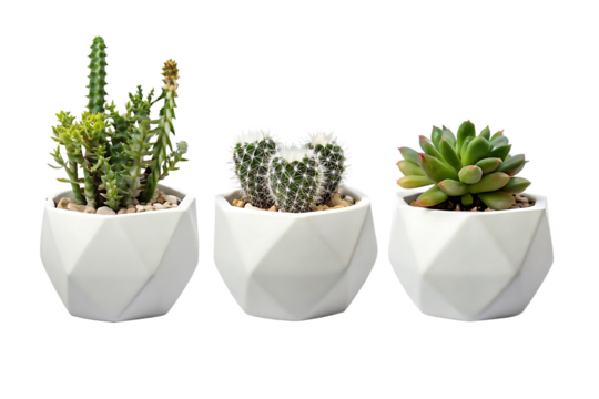 collection Set of different mixed cactus and succulents types of small mini plant in modern ceramic  vase pot as furniture cutouts isolated on white background   PNG