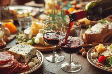 Red wine poured into glasses amidst a gourmet cheese and charcuterie spread.  A feast of delicious food on a wooden table