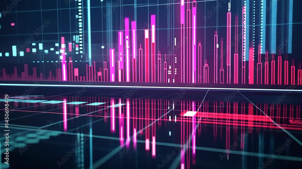 Poster dynamic digital data visualization with vibrant bar charts and glowing infographics