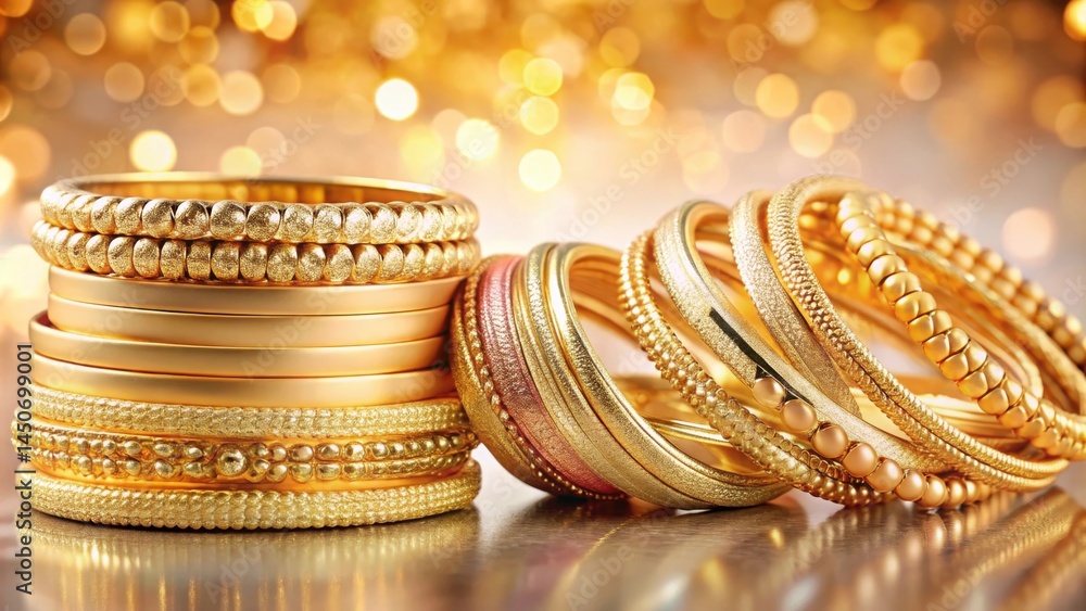 Aufkleber A stack of shimmering gold bangles on a gleaming surface, illuminated by a backdrop of soft, warm golden light.