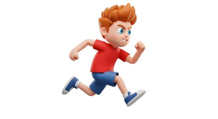 Cartoon Boy Running Fast in Red T-shirt with Determined Expression