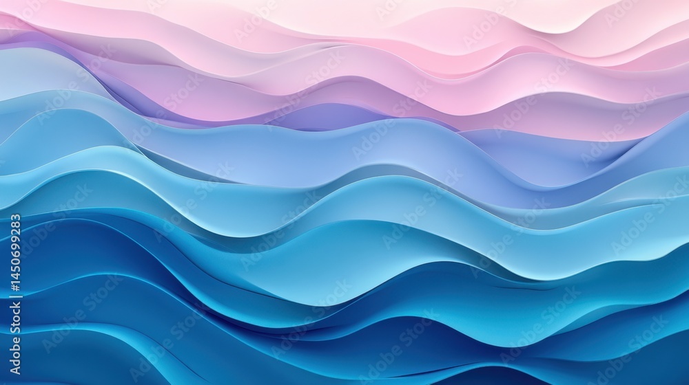 Poster serene pastel waves in blue and pink hues soft gradient background abstract flowing shapes creating 