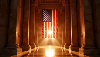 A large American flag is hanging from the ceiling in a large room