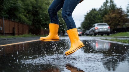 Chic woman jumping in puddles vibrant rain boots splashing urban street backdrop moody overcast lighting low angle shot