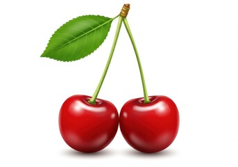 Photorealistic Red Double Cherries with Green Leaf and Stems Isolated Illustration