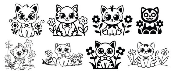 Kawaii cat character sitting flat design illustration icon on a white background