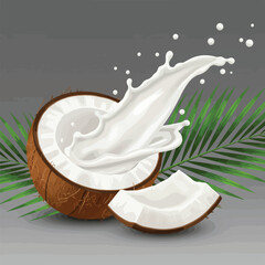 A vector illustration shows a cracked coconut with a piece of coconut meat placed next to it, with a large splash of milk coming out, and palm fronds in the background.