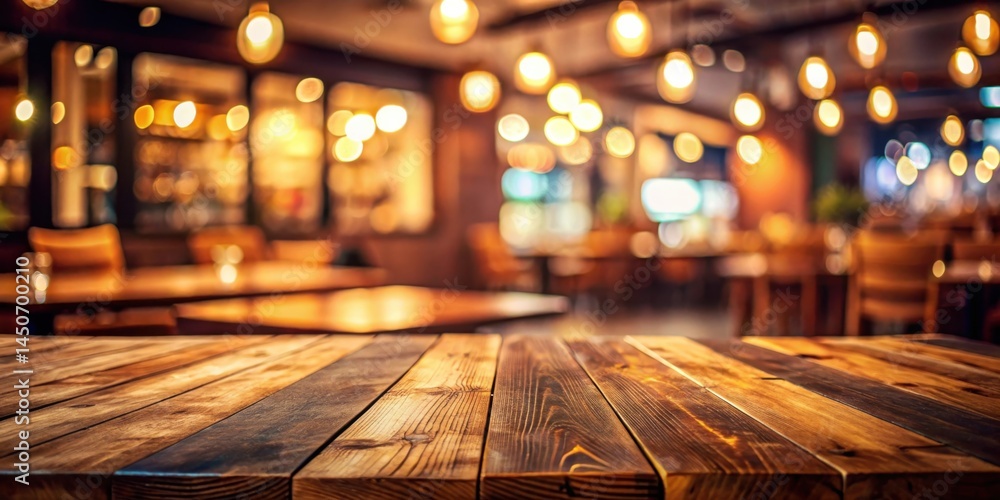 Aufkleber empty wooden table in a dimly lit restaurant with a bokeh background of light bulbs