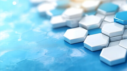 Abstract 3D rendering of white and blue hexagonal shapes on a textured blue surface