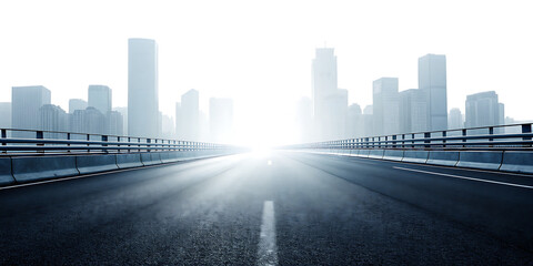 Fototapeta premium stra wide panoramic highway leading to a modern city skyline n the horizon. Tall buildings and skyscrapers isolated on white background PNG