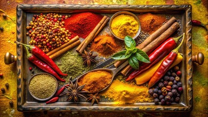 Fototapeta premium Aromatic Spice Collection in Antique Metal Tray Featuring Chili Peppers, Cinnamon Sticks, Star Anise, and Ground Spices