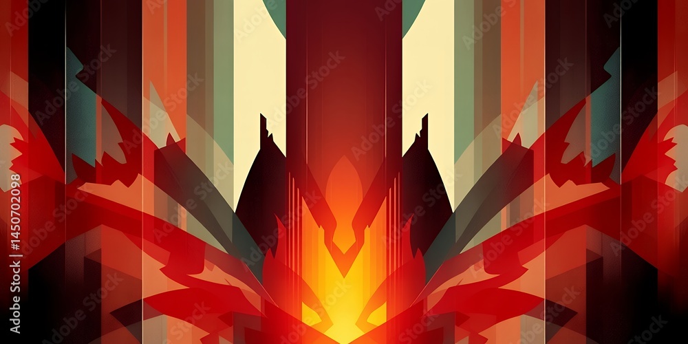 Poster abstract symmetrical design featuring red and orange hues with vertical stripe pattern