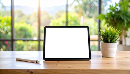 Fototapeta premium Modern Tablet with Blank Screen on Wooden Desk Near Window Plants Perfect for Mockups and Remote Work
