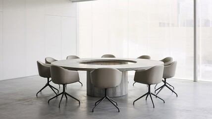 Minimalist Conference Room with Round Concrete Table and Taupe C
