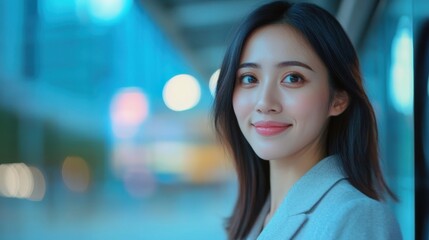 Obraz premium Smiling young woman in casual attire against a softly blurred city background, exuding warmth and approachability.