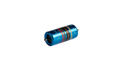 Close-up Studio Shot of a Single Blue Film Capacitor with Colorful Bands on Black Background