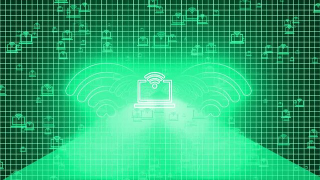 A futuristic digital background featuring a glowing neon tunnel with vibrant hues of blue, purple, and pink, symbolizing high-speed internet and data flow. The tunnel appears infinite, with Wi-F signa