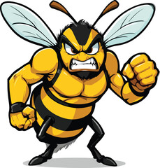 This is a cartoon image of an angry, muscular bee with black and yellow stripes, clenched fists, and a menacing expression, set against a white background.