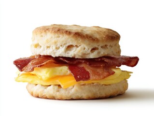 Delicious breakfast biscuit sandwich with egg cheese and bacon on a white background studio shot capturing the essence of a tasty morning meal food photography