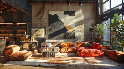 Sun-drenched loft living room.  Warm, earthy tones.  Modern modular seating arranged around a low coffee table.