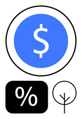 Obraz premium Blue circular dollar sign, percentage block, minimal tree outline combining economy, finance, ecology, growth. Ideal for sustainability, profit, saving investment eco-business banking flat simple
