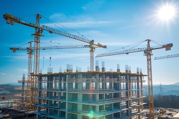 City Building Construction Site with Big Cranes & Blue Sky Background