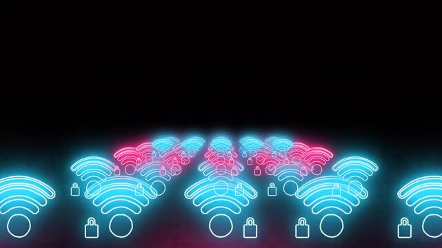 A futuristic digital background featuring a glowing neon tunnel with vibrant hues of blue, purple, and pink, symbolizing high-speed internet and data flow. The tunnel appears infinite, with Wi-F signa