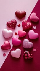 Fototapeta premium Matte and glitter pink hearts on burgundy and pale pink background