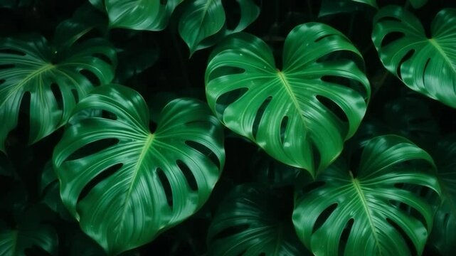 Detailed view of lush monstera leaves rich green tones tropical style plant background image close up