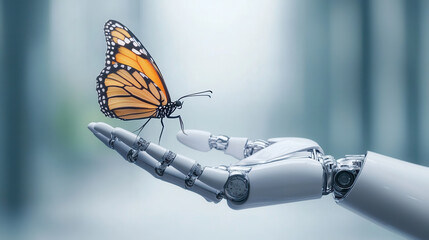 Humanoid robot gently holds a butterfly in a serene and futuristic environment