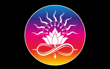 Mystical Lotus flower with infinity symbol colorful logo design. Floral magic celestial clipart of yoga, spa, beauty salon, cosmetics, relax, brand style, tattoo. Vector Isolated on black background