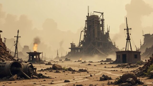 Post apocalyptic industrial wasteland landscape with decrepit structures