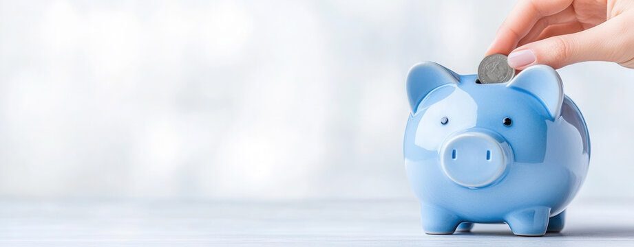 Close-up of hand placing a coin into a blue piggy bank, emphasizing the importance of saving and future investment opportunities