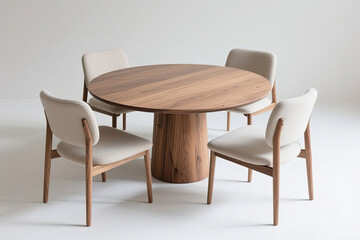 Round wooden table with four upholstered chairs., Sustainable Furniture concept 