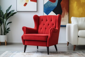 Elegant red armchair in a modern living room with abstract art and a stylish white sofa creating a cozy and inviting atmosphere for relaxation and comfort