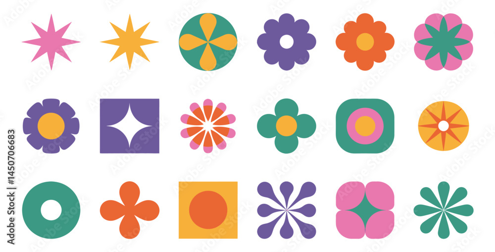 Poster vector set of colorful flower icons in various shapes and designs, featuring vibrant patterns in pur