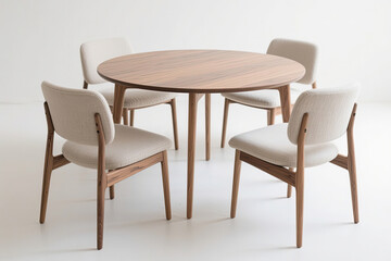 Round wooden table with four upholstered chairs., Sustainable Furniture concept 