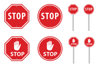 Stop sign vector icons, Red octagon and circle, Traffic control illustration, Downloadable graphics for safety and regulation