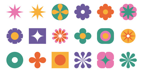 Vector set of colorful flower icons in various shapes and designs, featuring vibrant patterns in purple, orange, green, and pink. Perfect for nature-themed designs, floral branding, and decorative ele