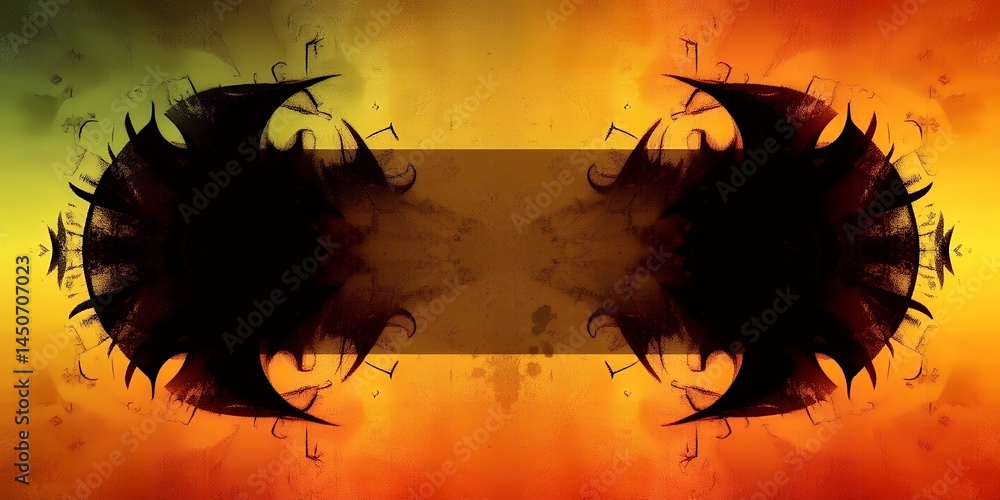 Poster abstract image featuring two spiky black shapes against a gradient background of colors