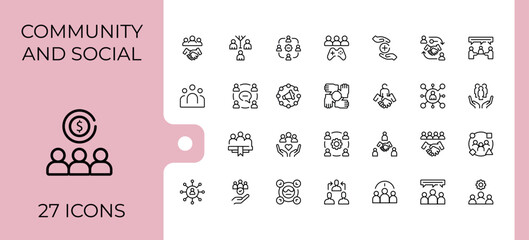 Community And Social icon set. Trendy minimal icons. Editable vector stroke. Charity icon set. Containing people, friend, network, social, relationship, community, hand and more.