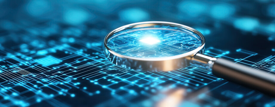 Magnifying glass revealing intricate details of a digital network focused on cybersecurity vulnerability detection