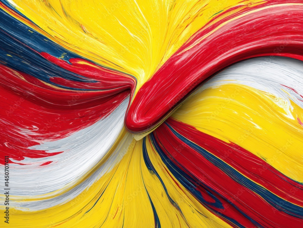 Poster dynamic swirl of vibrant yellow red white and blue paint creates a captivating abstract design showc