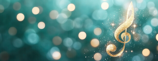 Golden musical note surrounded by glittering lights floating against a dark green celestial background