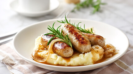 Appetizing Lincolnshire sausages with caramelized onions mash and gravy on a plate. Traditional British cuisine