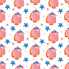 Cartoon fish seamless pattern. Background with cute funny sea fish, ocean fishing, marine wildlife, sea animals for fabric or wrapping paper print. Vector cartoon flat illustration. Coral reef dweller