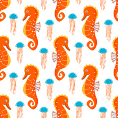 Seamless pattern with cute orange seahorses and jellyfish on white background. Undersea world vector flat cartoon illustration for fabric, packaging, textile. Marine print with ocean animals.