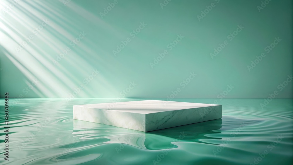 Poster a minimalist presentation platform with white marble square and rippling water reflections against a