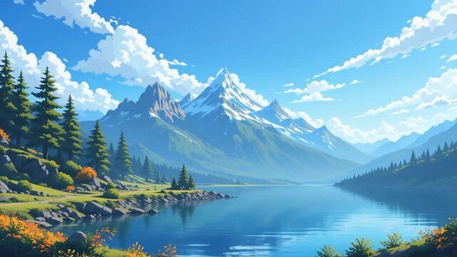 Serene mountain lake landscape vivid colors calm nature illustration digital art